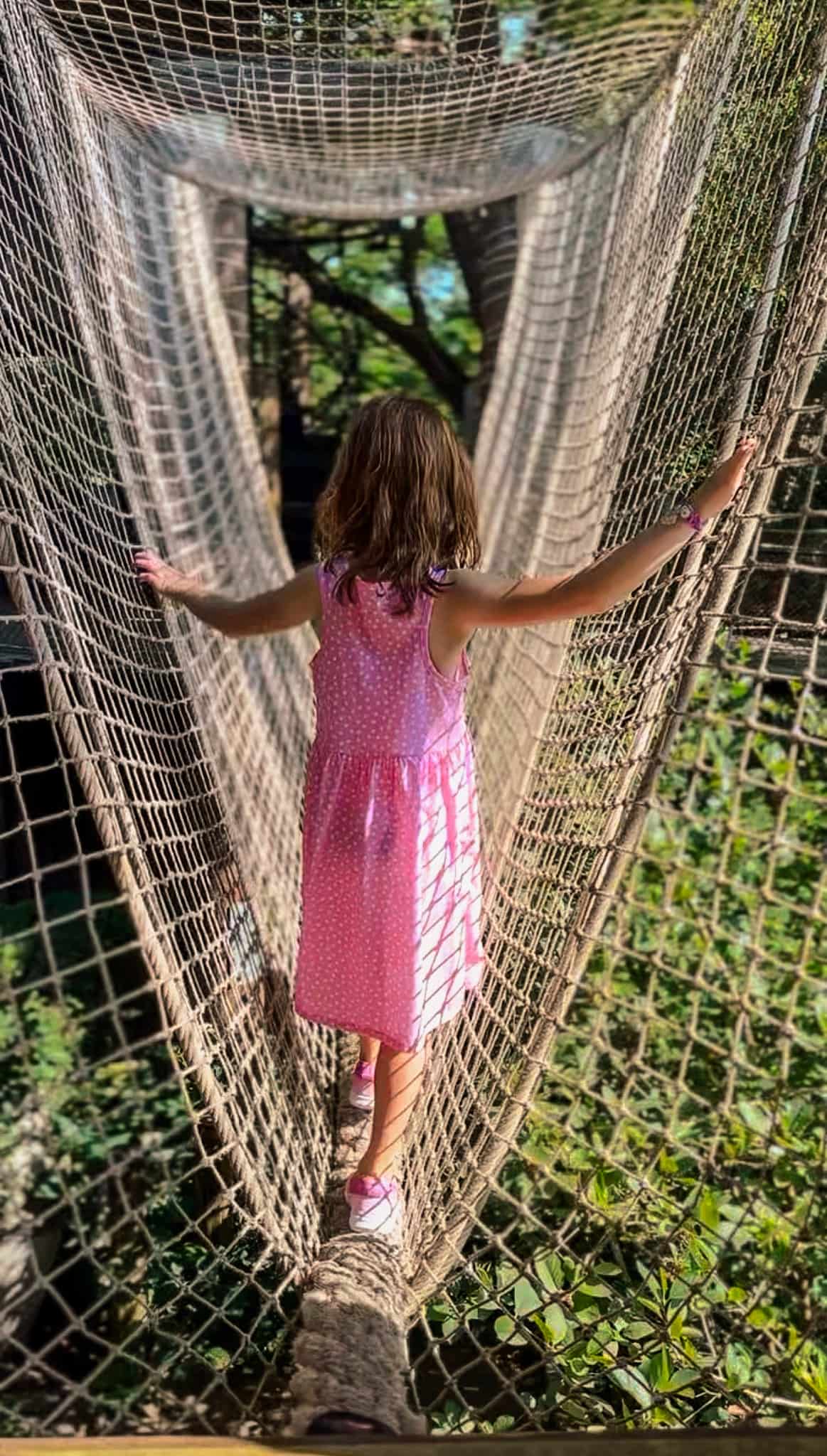 Child walking on a rope bridge
