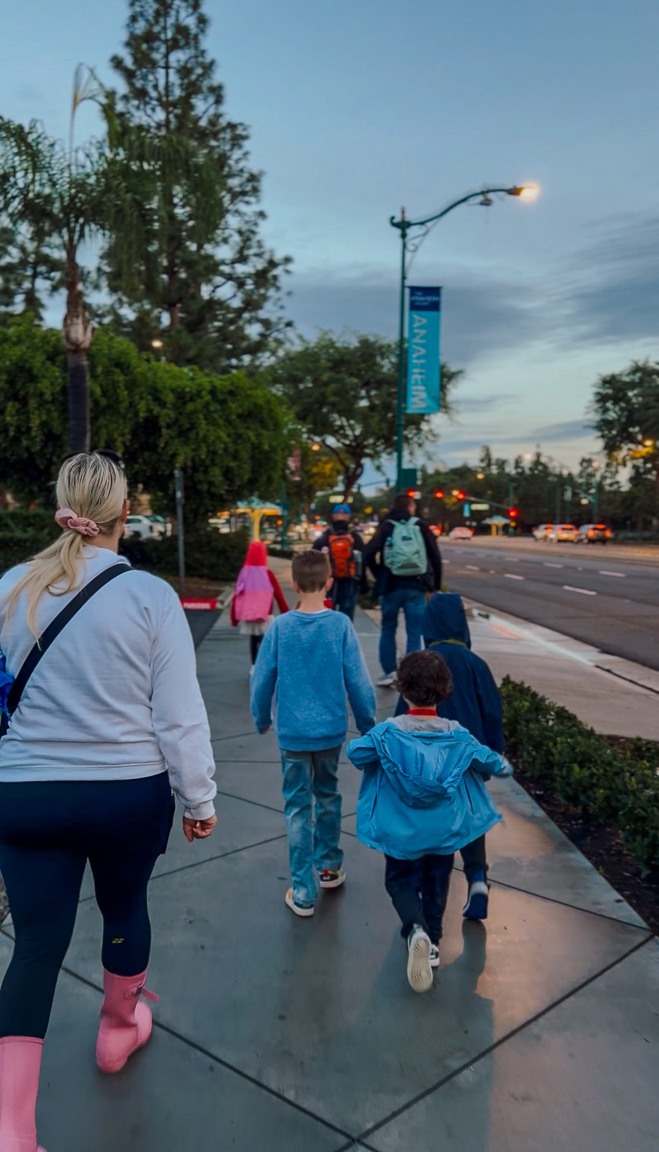 Family walking in Anaheim to Disneyland Park