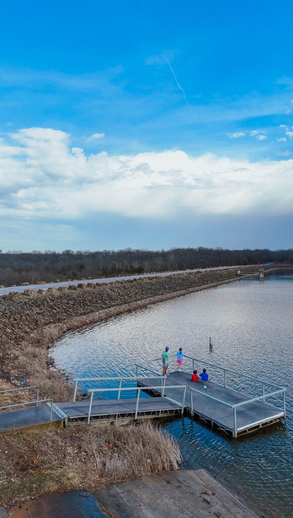 Family fishing at Crawford state park in Kansas