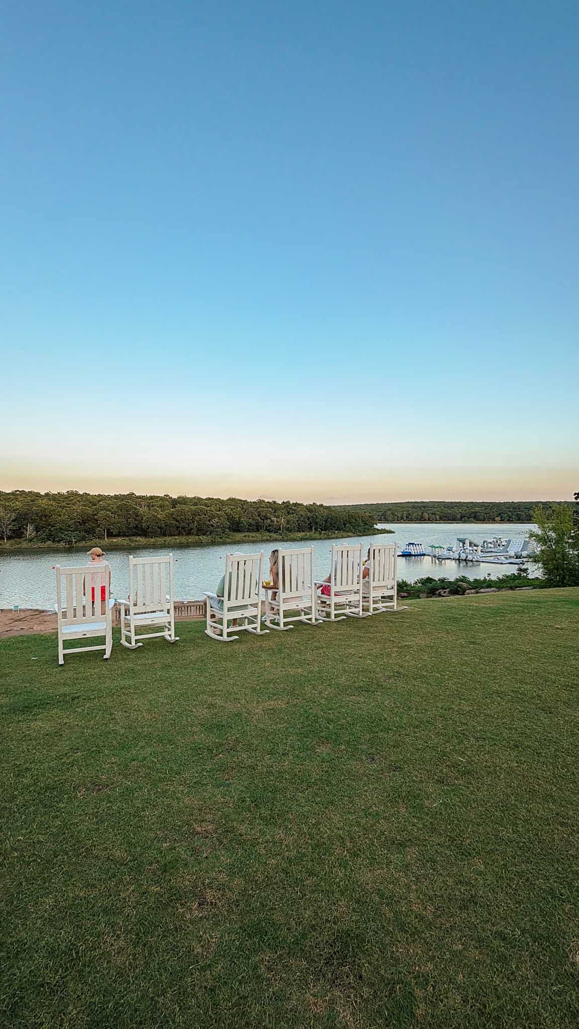 rocking chairs overlook Eufala lake in Carlton Landing